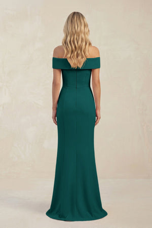 Sheath Off - the - Shoulder Satin Bridesmaid Dress With Slit in Pine - KissProm Bridesmaid Dresses