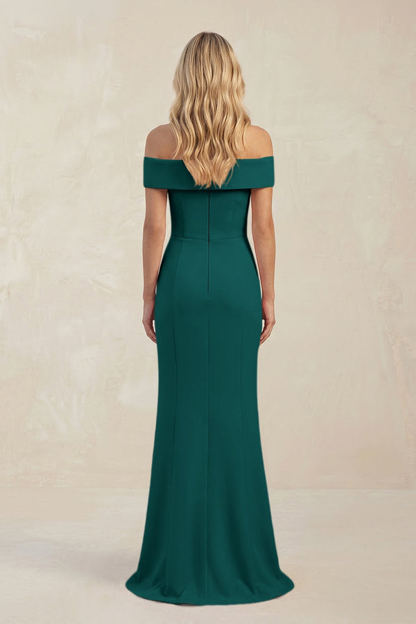 Sheath Off - the - Shoulder Satin Bridesmaid Dress With Slit in Pine - KissProm Bridesmaid Dresses
