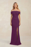 Sheath Off - the - Shoulder Satin Bridesmaid Dress With Slit in Plum - KissProm Bridesmaid Dresses
