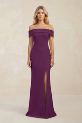 Sheath Off - the - Shoulder Satin Bridesmaid Dress With Slit in Plum - KissProm Bridesmaid Dresses