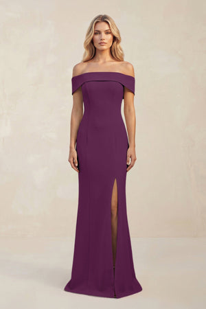 Sheath Off - the - Shoulder Satin Bridesmaid Dress With Slit in Plum - KissProm Bridesmaid Dresses