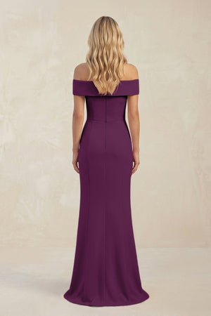 Sheath Off - the - Shoulder Satin Bridesmaid Dress With Slit in Plum - KissProm Bridesmaid Dresses