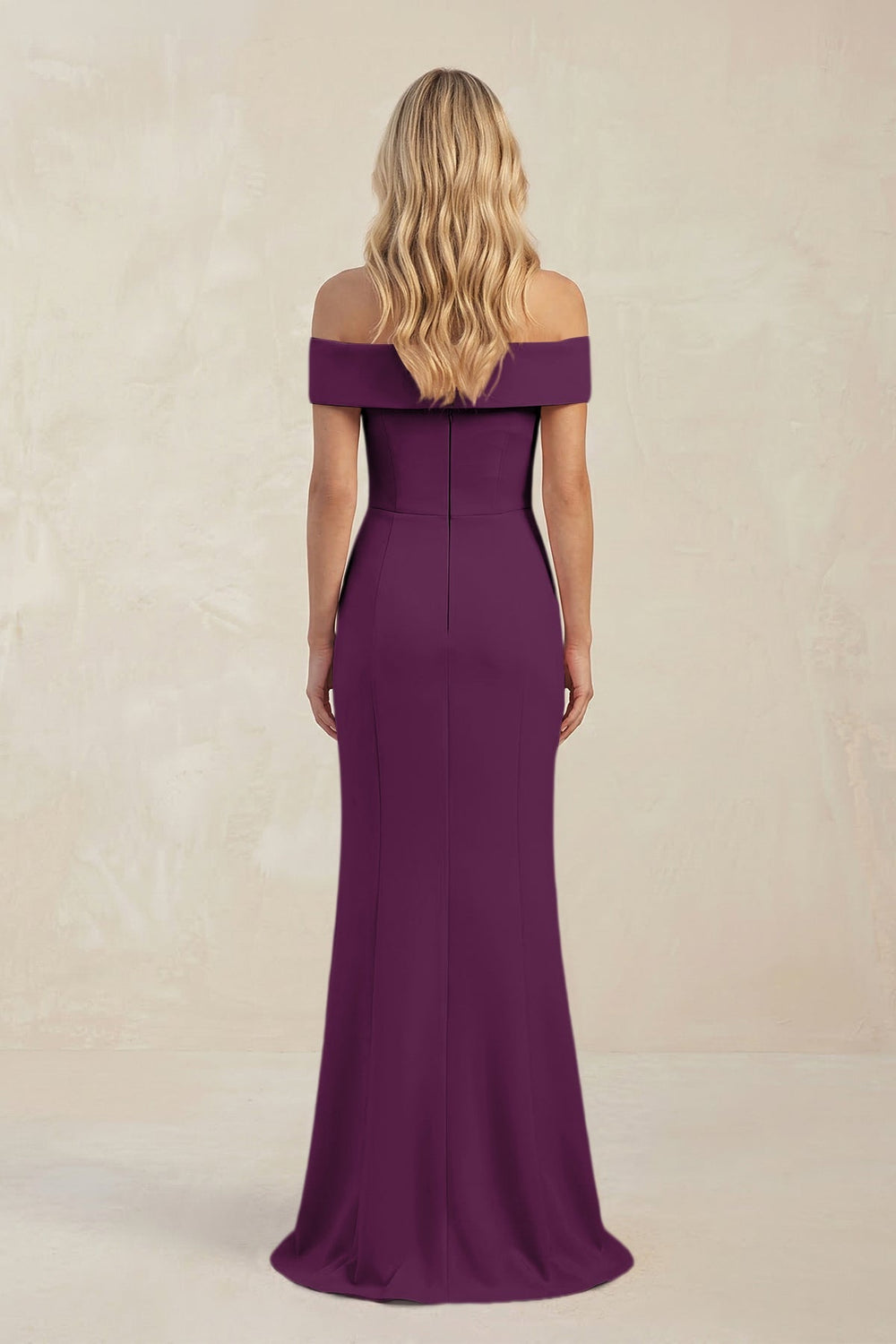 Sheath Off - the - Shoulder Satin Bridesmaid Dress With Slit in Plum - KissProm Bridesmaid Dresses