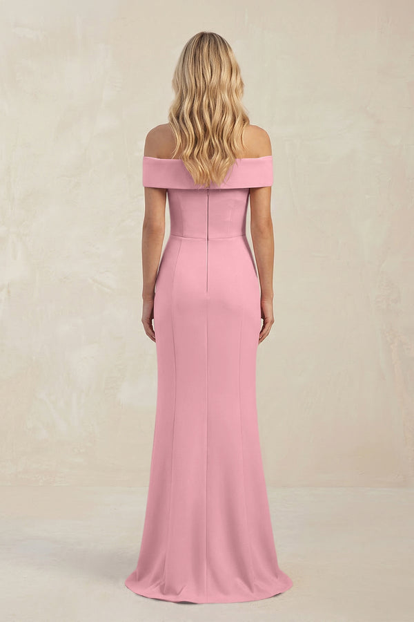 Sheath Off - the - Shoulder Satin Bridesmaid Dress With Slit in Rosette - KissProm Bridesmaid Dresses