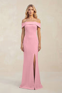 Sheath Off - the - Shoulder Satin Bridesmaid Dress With Slit in Rosette - KissProm Bridesmaid Dresses