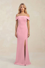 Sheath Off - the - Shoulder Satin Bridesmaid Dress With Slit in Rosette - KissProm Bridesmaid Dresses