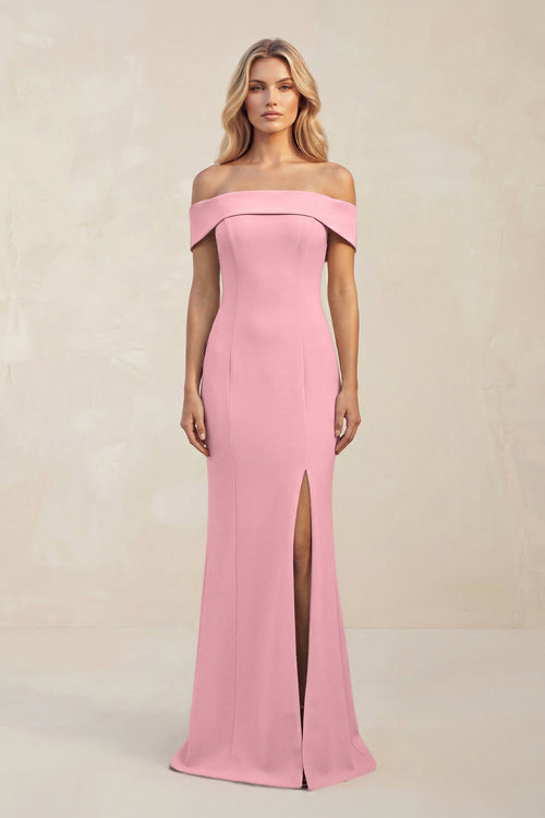 Sheath Off - the - Shoulder Satin Bridesmaid Dress With Slit in Rosette - KissProm Bridesmaid Dresses