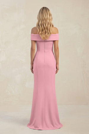 Sheath Off - the - Shoulder Satin Bridesmaid Dress With Slit in Rosette - KissProm Bridesmaid Dresses