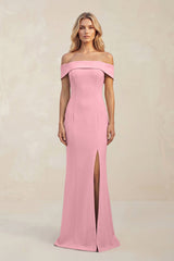 Sheath Off - the - Shoulder Satin Bridesmaid Dress With Slit in Rosette - KissProm Bridesmaid Dresses