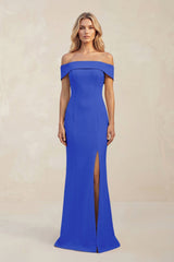 Sheath Off - the - Shoulder Satin Bridesmaid Dress With Slit in Royal Blue - KissProm Bridesmaid Dresses
