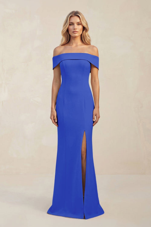 Sheath Off - the - Shoulder Satin Bridesmaid Dress With Slit in Royal Blue - KissProm Bridesmaid Dresses
