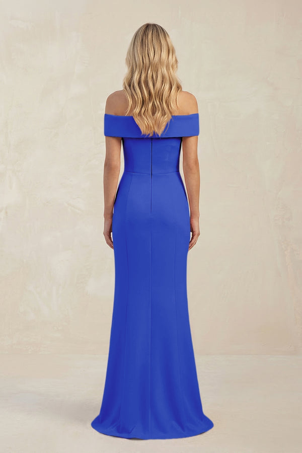 Sheath Off - the - Shoulder Satin Bridesmaid Dress With Slit in Royal Blue - KissProm Bridesmaid Dresses