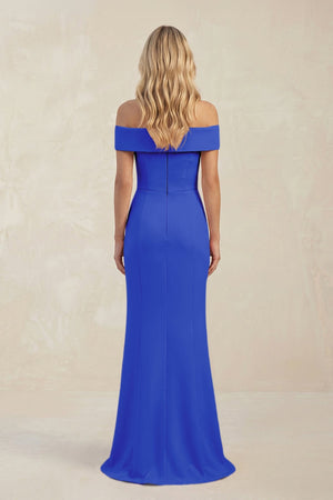 Sheath Off - the - Shoulder Satin Bridesmaid Dress With Slit in Royal Blue - KissProm Bridesmaid Dresses