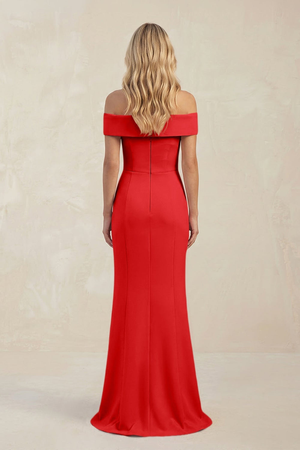 Sheath Off - the - Shoulder Satin Bridesmaid Dress With Slit in Ruby Red - KissProm Bridesmaid Dresses