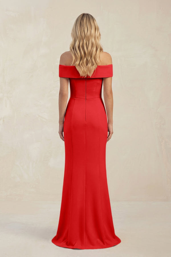 Sheath Off - the - Shoulder Satin Bridesmaid Dress With Slit in Ruby Red - KissProm Bridesmaid Dresses