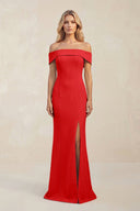 Sheath Off - the - Shoulder Satin Bridesmaid Dress With Slit in Ruby Red - KissProm Bridesmaid Dresses