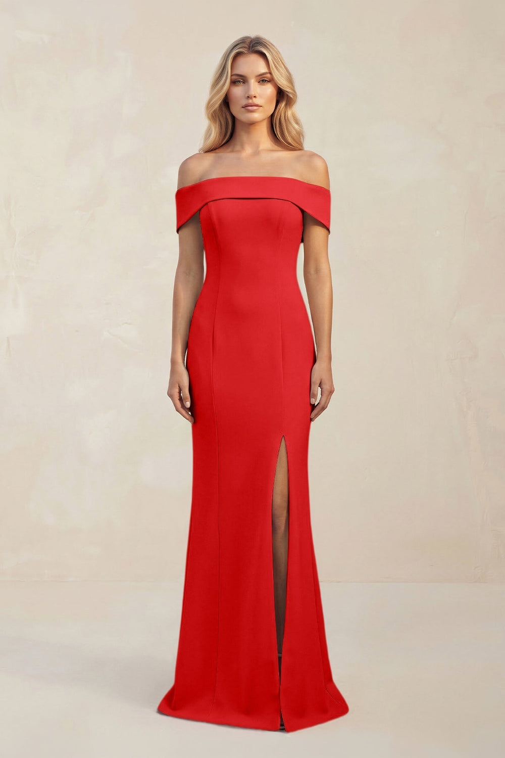Sheath Off - the - Shoulder Satin Bridesmaid Dress With Slit in Ruby Red - KissProm Bridesmaid Dresses