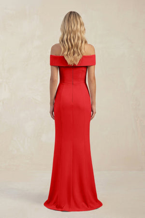 Sheath Off - the - Shoulder Satin Bridesmaid Dress With Slit in Ruby Red - KissProm Bridesmaid Dresses
