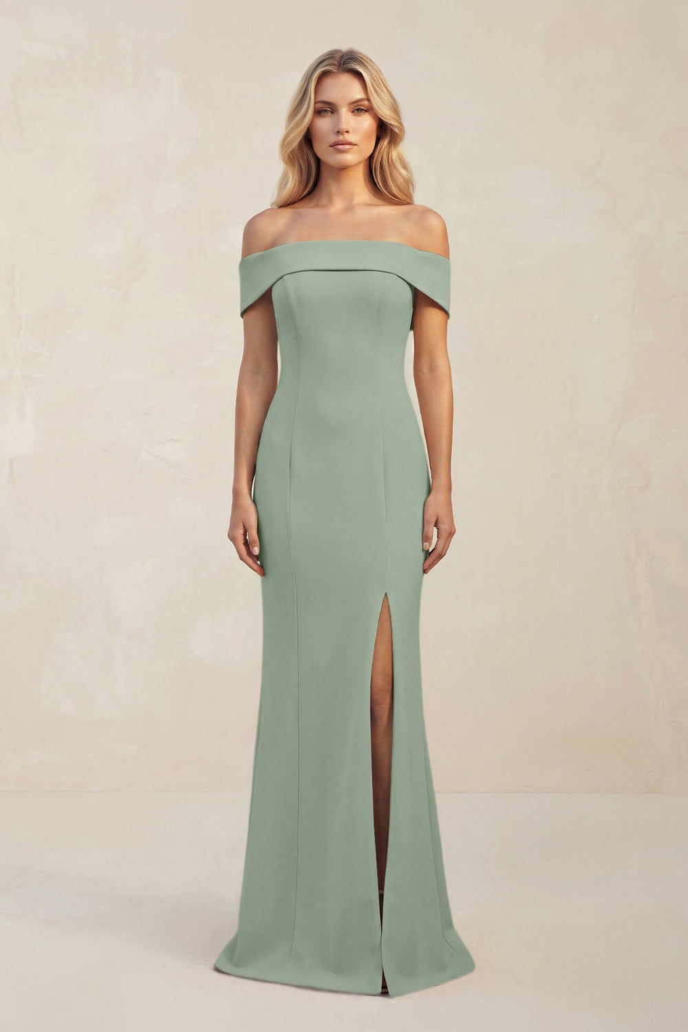 Sheath Off - the - Shoulder Satin Bridesmaid Dress With Slit in Sage - KissProm Bridesmaid Dresses