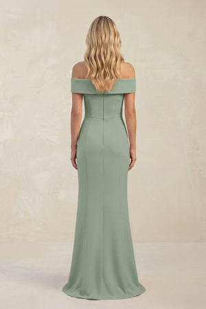 Sheath Off - the - Shoulder Satin Bridesmaid Dress With Slit in Sage - KissProm Bridesmaid Dresses