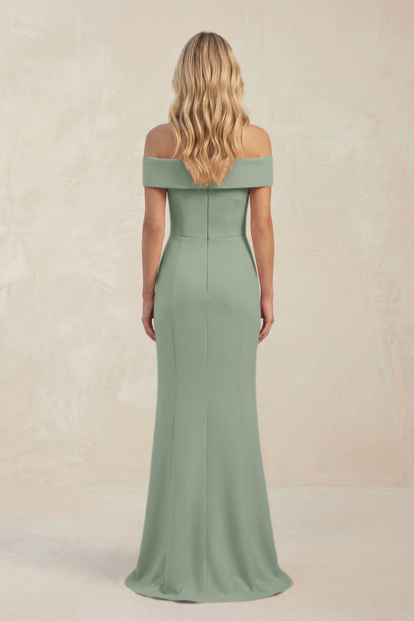 Sheath Off - the - Shoulder Satin Bridesmaid Dress With Slit in Sage - KissProm Bridesmaid Dresses