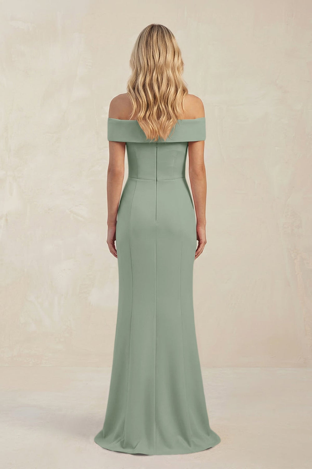 Sheath Off - the - Shoulder Satin Bridesmaid Dress With Slit in Sage - KissProm Bridesmaid Dresses