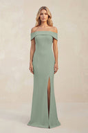 Sheath Off - the - Shoulder Satin Bridesmaid Dress With Slit in Sage - KissProm Bridesmaid Dresses