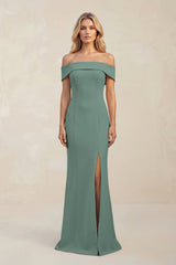 Sheath Off - the - Shoulder Satin Bridesmaid Dress With Slit in Sea Glass - KissProm Bridesmaid Dresses