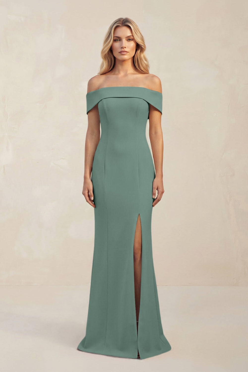 Sheath Off - the - Shoulder Satin Bridesmaid Dress With Slit in Sea Glass - KissProm Bridesmaid Dresses