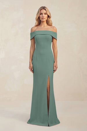 Sheath Off - the - Shoulder Satin Bridesmaid Dress With Slit in Sea Glass - KissProm Bridesmaid Dresses