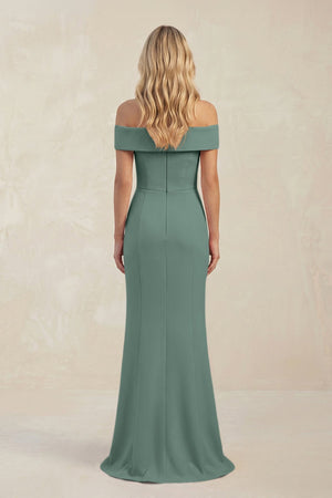 Sheath Off - the - Shoulder Satin Bridesmaid Dress With Slit in Sea Glass - KissProm Bridesmaid Dresses