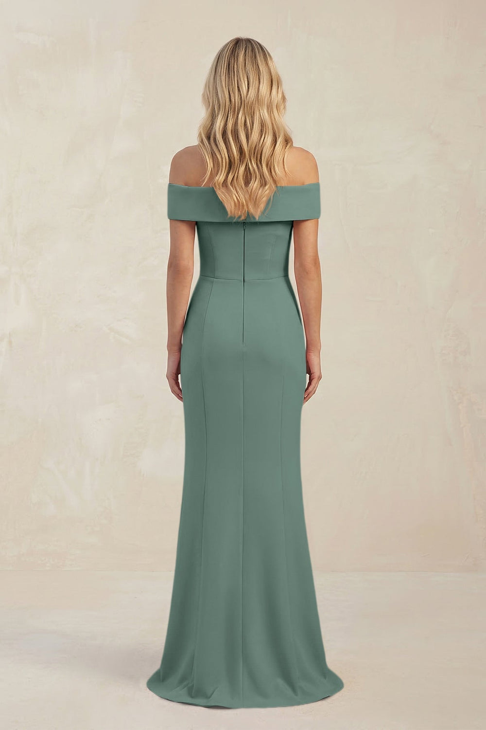Sheath Off - the - Shoulder Satin Bridesmaid Dress With Slit in Sea Glass - KissProm Bridesmaid Dresses