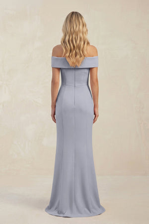 Sheath Off - the - Shoulder Satin Bridesmaid Dress With Slit in Silver - KissProm Bridesmaid Dresses