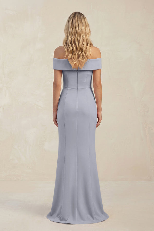 Sheath Off - the - Shoulder Satin Bridesmaid Dress With Slit in Silver - KissProm Bridesmaid Dresses