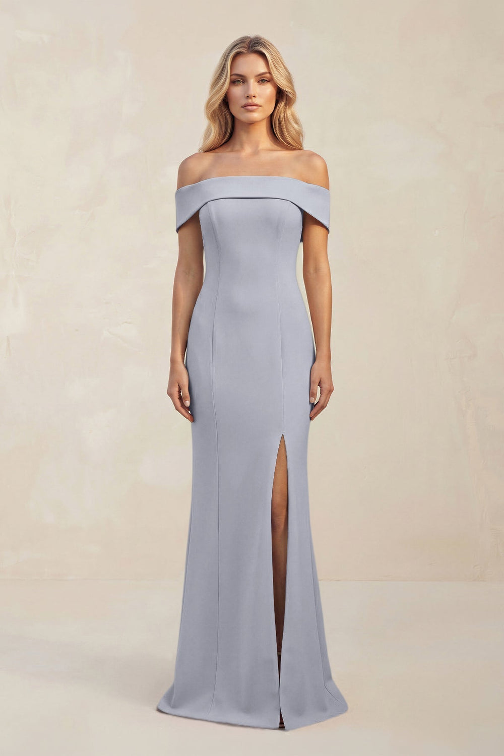 Sheath Off - the - Shoulder Satin Bridesmaid Dress With Slit in Silver - KissProm Bridesmaid Dresses