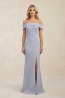 Sheath Off - the - Shoulder Satin Bridesmaid Dress With Slit in Silver - KissProm Bridesmaid Dresses