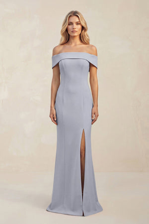 Sheath Off - the - Shoulder Satin Bridesmaid Dress With Slit in Silver - KissProm Bridesmaid Dresses