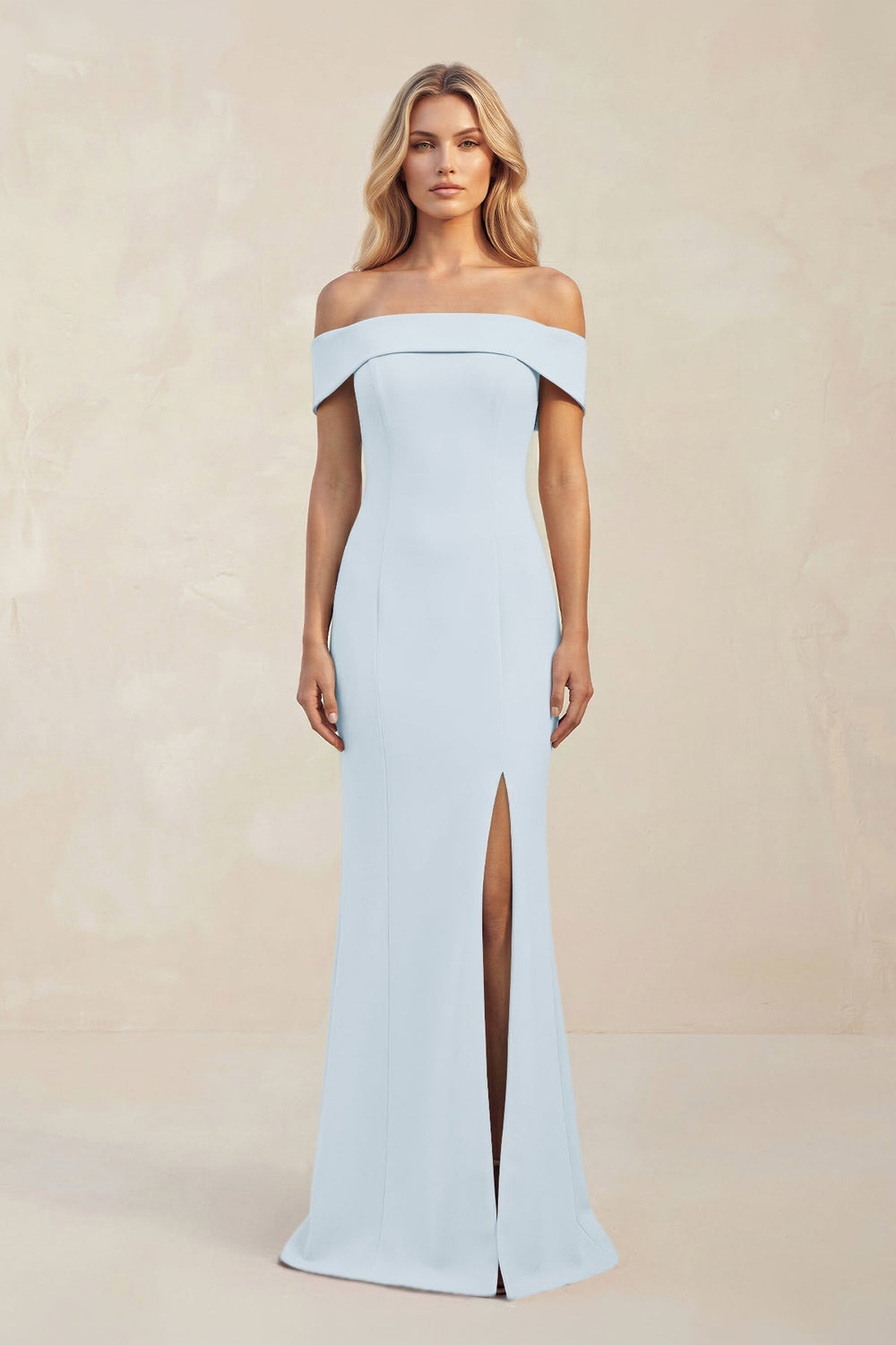 Sheath Off - the - Shoulder Satin Bridesmaid Dress With Slit in Sky Blue - KissProm Bridesmaid Dresses