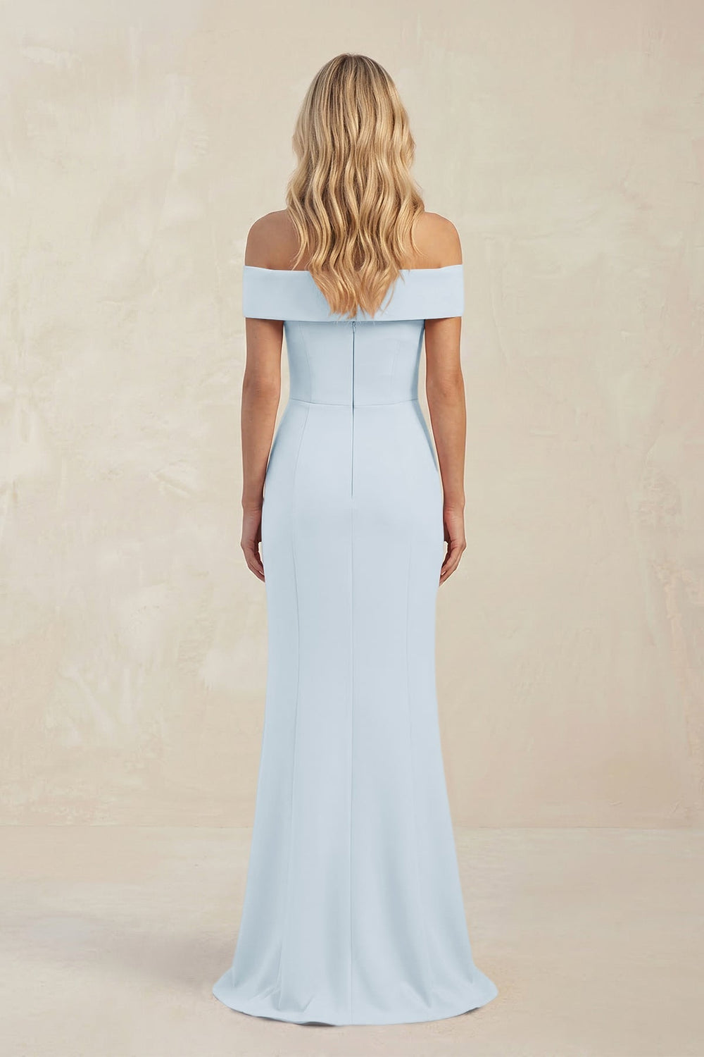 Sheath Off - the - Shoulder Satin Bridesmaid Dress With Slit in Sky Blue - KissProm Bridesmaid Dresses