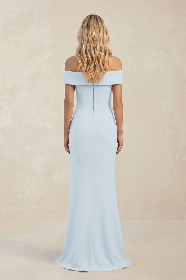 Sheath Off - the - Shoulder Satin Bridesmaid Dress With Slit in Sky Blue - KissProm Bridesmaid Dresses