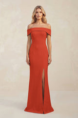 Sheath Off - the - Shoulder Satin Bridesmaid Dress With Slit in Spice - KissProm Bridesmaid Dresses