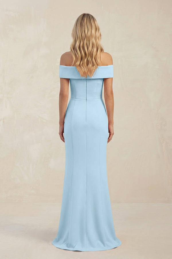 Sheath Off - the - Shoulder Satin Bridesmaid Dress With Slit in Steel Blue - KissProm Bridesmaid Dresses
