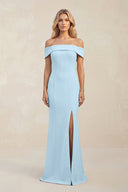Sheath Off - the - Shoulder Satin Bridesmaid Dress With Slit in Steel Blue - KissProm Bridesmaid Dresses