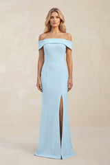 Sheath Off - the - Shoulder Satin Bridesmaid Dress With Slit in Steel Blue - KissProm Bridesmaid Dresses