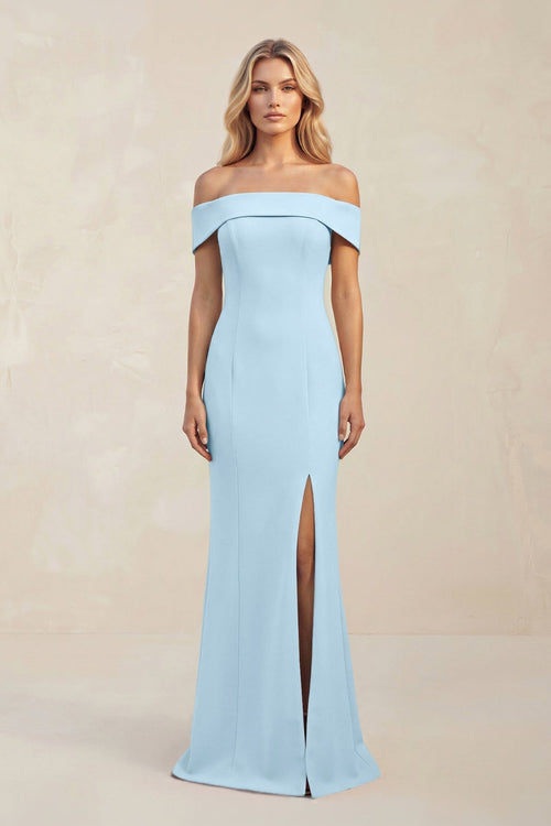 Sheath Off - the - Shoulder Satin Bridesmaid Dress With Slit in Steel Blue - KissProm Bridesmaid Dresses