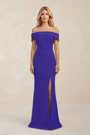 Sheath Off - the - Shoulder Satin Bridesmaid Dress With Slit in Tahiti - KissProm Bridesmaid Dresses