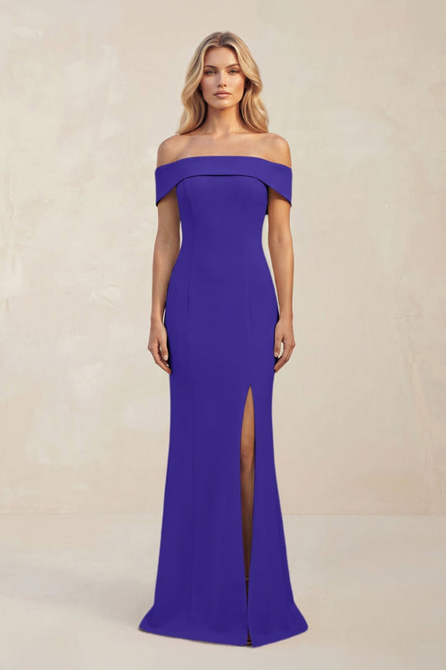 Sheath Off - the - Shoulder Satin Bridesmaid Dress With Slit in Tahiti - KissProm Bridesmaid Dresses