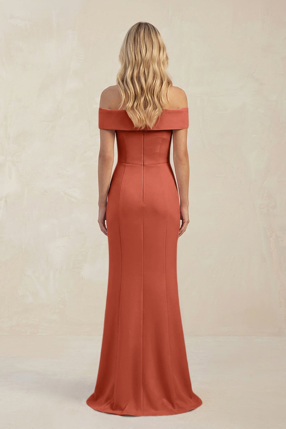 Sheath Off - the - Shoulder Satin Bridesmaid Dress With Slit in Terracotta - KissProm Bridesmaid Dresses