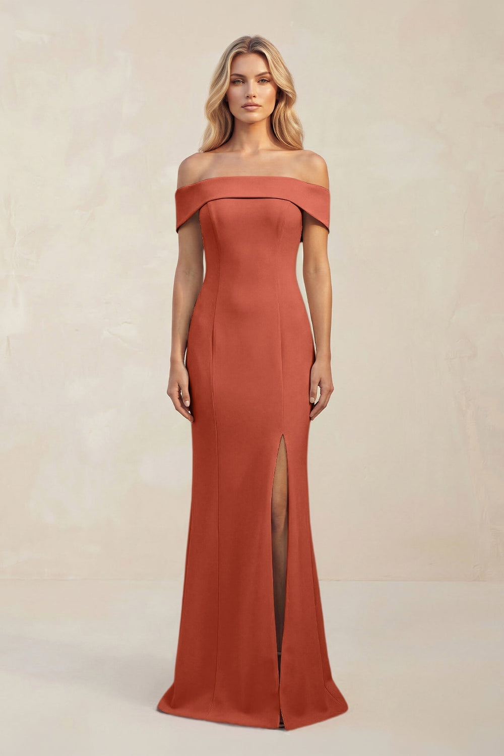 Sheath Off - the - Shoulder Satin Bridesmaid Dress With Slit in Terracotta - KissProm Bridesmaid Dresses