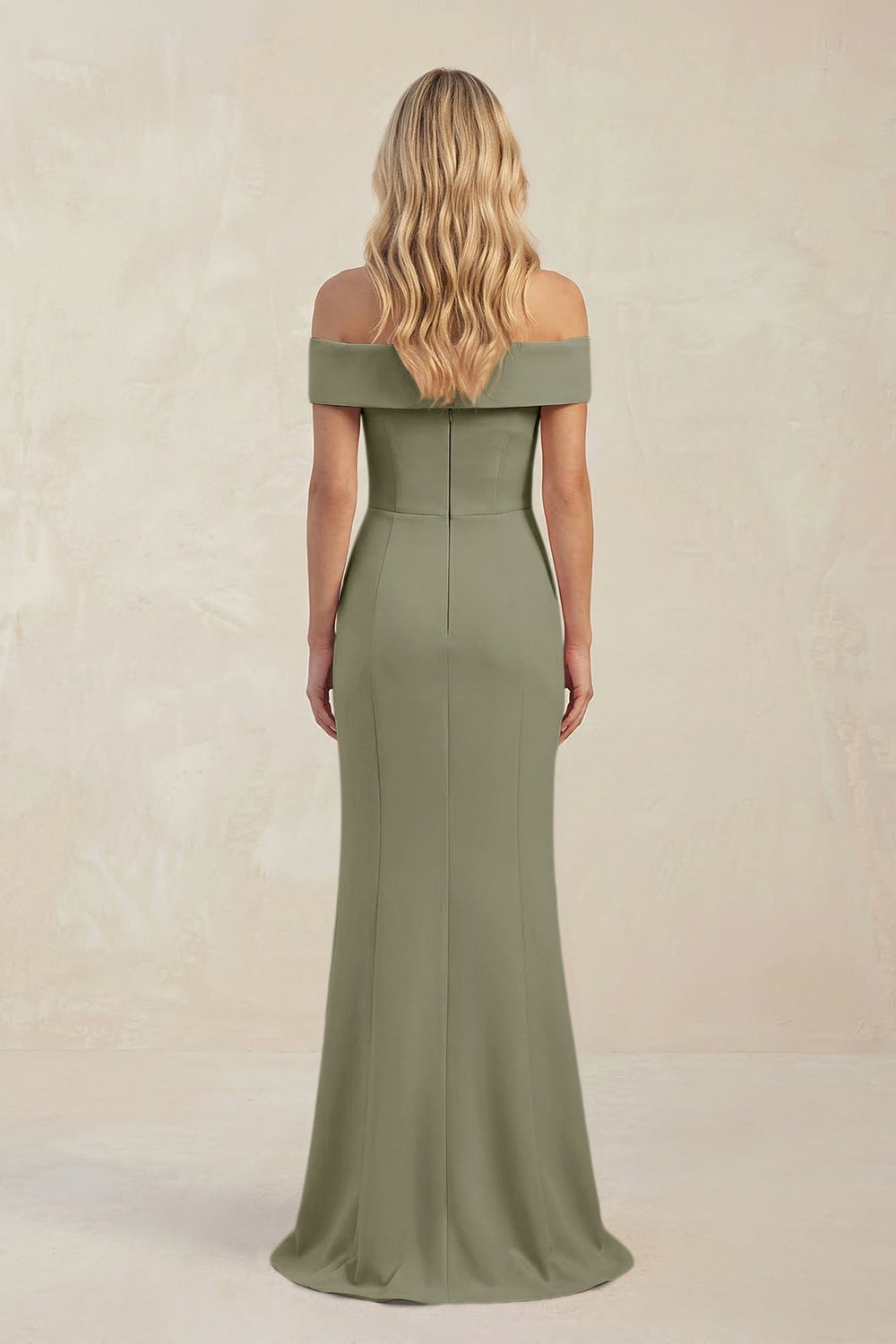 Sheath Off - the - Shoulder Satin Bridesmaid Dress With Slit in Thyme - KissProm Bridesmaid Dresses